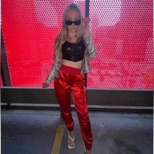 AKIRA Chicago Red Satin Cargo Pants